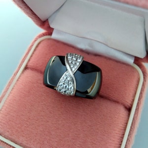 925 Silver Cubic Zirconia Ring, Wide Black Ceramic Band, Vintage Metal Ceramic Jewelry