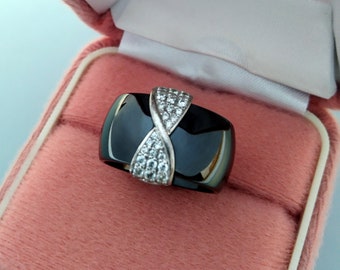 Anillo de plata 925 con circonita cúbica, banda ancha de cerámica negra, joyería vintage
