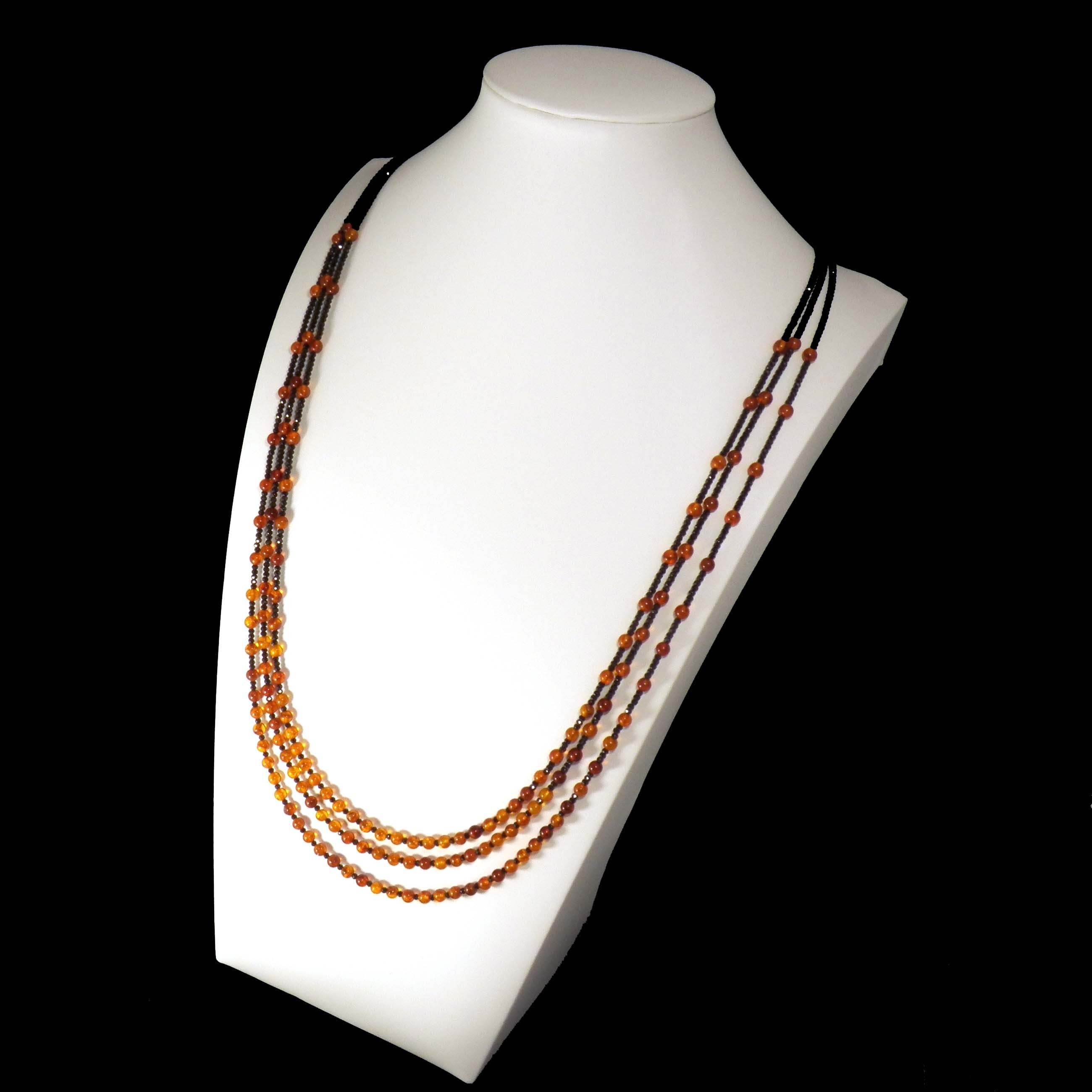 Black Spinel & Orange Gemstone Necklace: Three-Strand Evening Jewelry