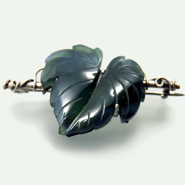 Carve Stone Green Agate Leaf Brooch Pin, Sterling Silver Antique Brooches, Unique Art Nouveau Jewelry 1910s