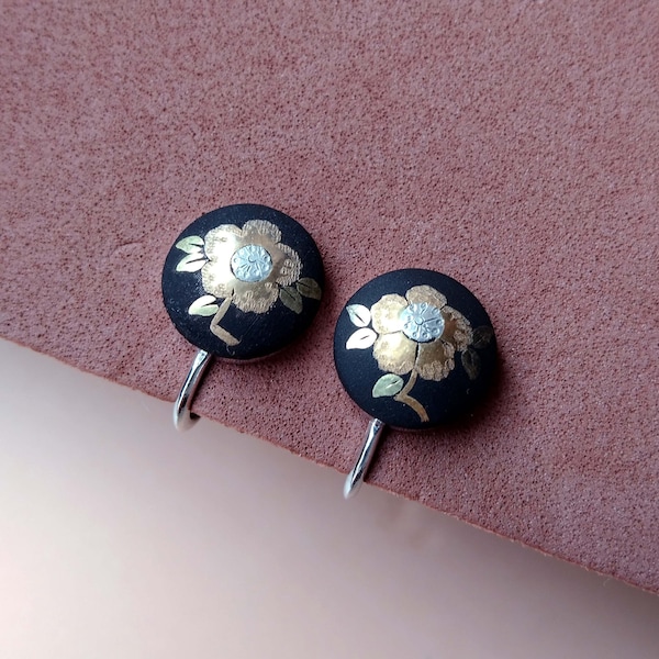 Damascene Flower Screw Back Earrings, Vintage Shakudo Japanese Jewelry