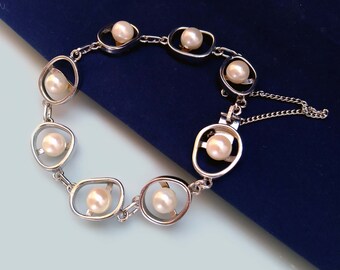 Akoya Pearl 925 Silver Bracelet, Sterling Silver Abstract