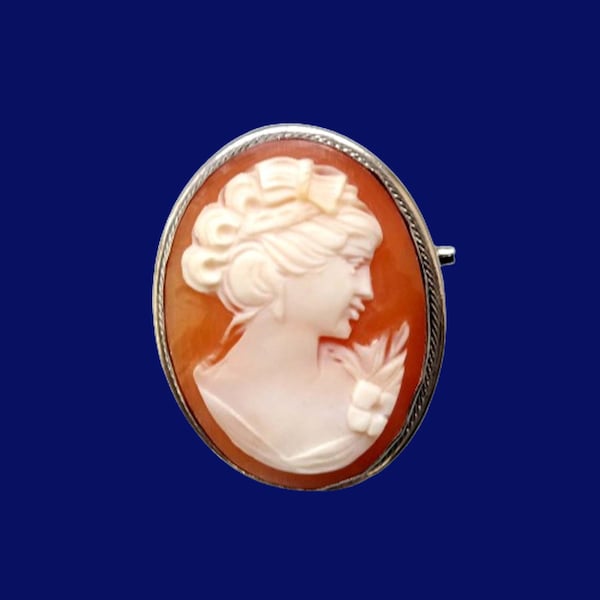 Geschnitzte Muschel Cameo Brosche, 935 Silber Vintage Schmuck