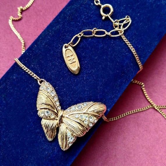 Rhinestone Butterfly Hanae Mori Pendant Necklace,… - image 1