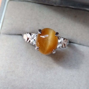 Yellow Orange Cat&#39;s Eye Quartz 925 Silver Ring, Chatoyancy Gemstone Sterling Silver Rings for Women, Vintage Jewelry