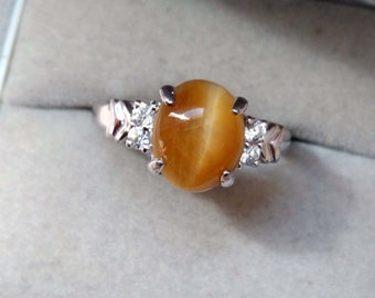 Cat's Eye Orange Quartz 925 Sterling Silver Ring, CZ Vintage Gemstone  Jewelry