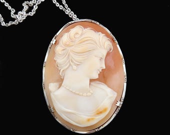 Carved Shell Cameo Brooch, Large 800 Silver Lady Pendant, Vintage Italian Jewelry
