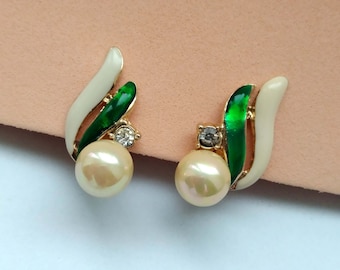 Boucles d'oreilles à clip en fausses perles émaillées crème et verte, boucle d'oreille vintage des années 1980 pour femme, bijoux fantaisie strass dorés