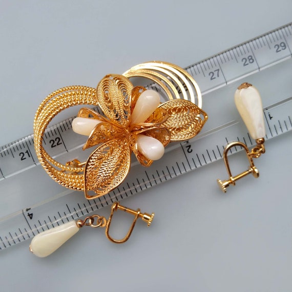 Filigree Flower Brooch and Dangle MOP Screw Back … - image 6