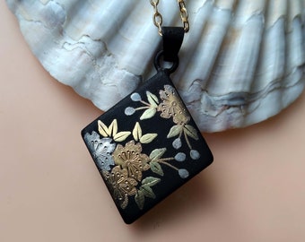 Damascene Flower Pendant, Vintage Shakudo Japanese Jewelry