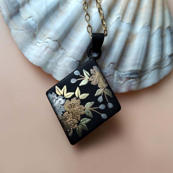 Damascene Flower Pendant, Vintage Shakudo Japanese Jewelry