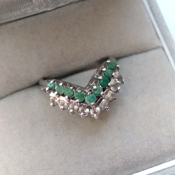 Multi-stone Emerald Chevron Ring, Sterling Silver Vintage Gemstone Jewelry