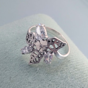 Cubic Zirconia 925 Silver Ring, Sterling Silver Flower and Leaves CZ Rings for Women, Floral Vintage Jewelry