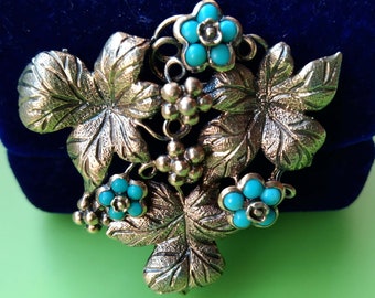 Vintage Vermeil Grape Leaf Brooch: Turquoise Flower, BM Co Jewelry 1960s