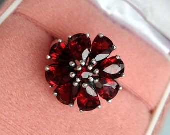 Garnet Flower 925 Silver Ring, Vintage Red Gemstone Jewelry, January Birthstone Gift