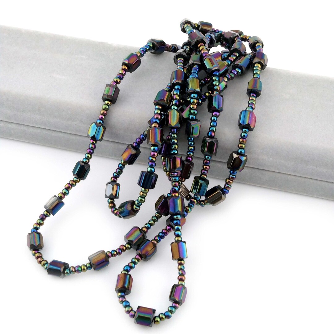 Extra Long Beaded Necklace 45 Inch, Peacock Color Vintage Costume
