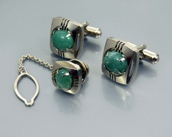 Green Aventurine Cufflinks and Tie Tack Set, Men's Vintage Gemstone Jewelry