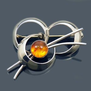 Niels Erik From Denmark Modernist 925 Silver Amber Brooch, Sterling 925S NE From, Vintage Danish DesignerJewelry