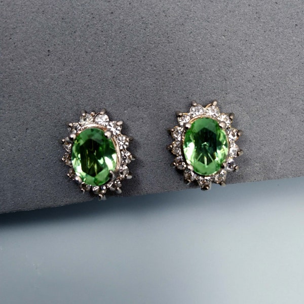 Green Crystal Emerald Imitation Screw Back Clip on Earrings, Sparkling Rhinestone Vintage Costume 1960s Jewelry
