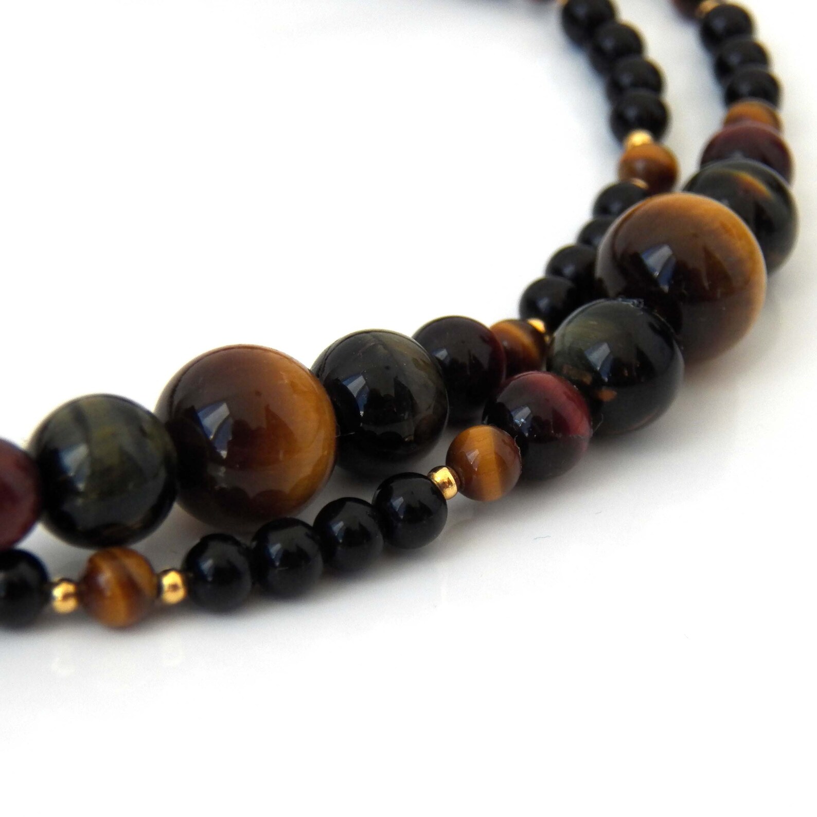 Tiger's Eye Beaded Necklace Black Onyx Chatoyancy Stone Etsy