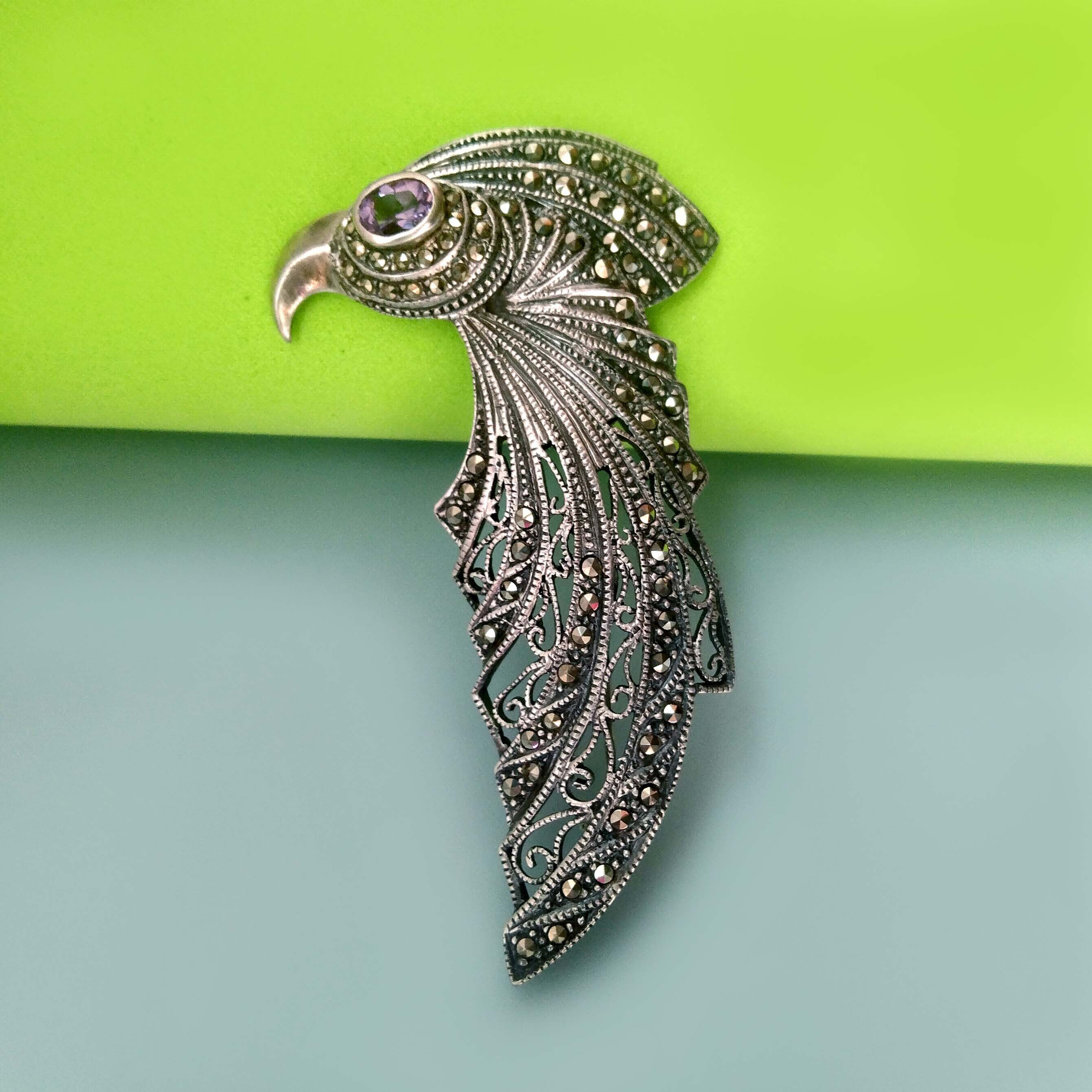 Art Deco Bird of Paradise Brooch: Amethyst & Marcasite, Sterling Silver Pin