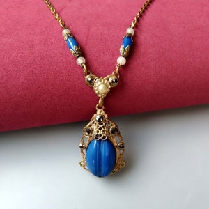 Art Deco Ornate Gilt Brass Necklace, Marcasite Blue Czech Glass Pendant, Faux Pearl Vintage Czech Jewelry 1930s
