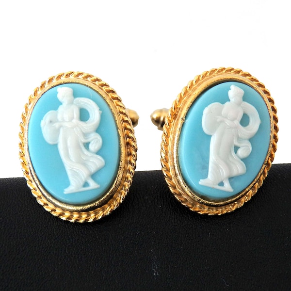 Greek Mythology Blue White Cameo Cufflinks for Women, British Vintage Mid-Century Jewelry