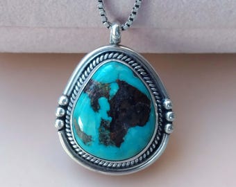 Navajo Artisan Cortez H Large Turquoise Stone 925 Silver