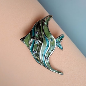 Blue Green Enamel Fish Brooch, Rhinestone Ocean Flounder Pin, Vintage Costume Jewelry