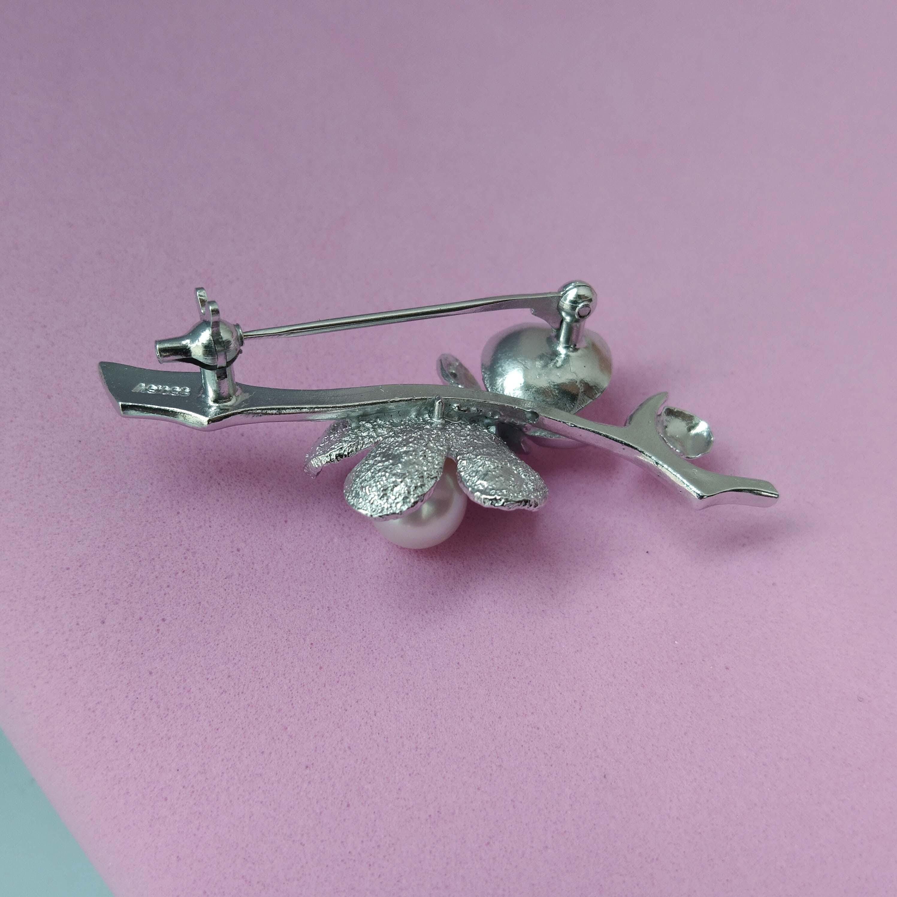 Akoya Pearl 950 Silver Sakura Branch Brooch, Sterling Silver