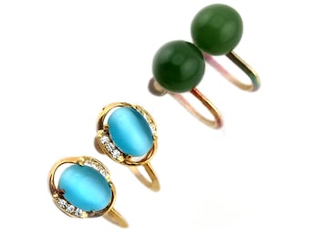 Conjunto de pendientes de piedra natural con cierre de rosca: joyería vintage de ojo de gato azul y jade.