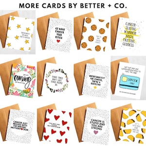 May include: A set of 10 greeting cards with various designs and messages. The cards are all white with black and white illustrations and text. The cards are arranged in a grid on a brown background. The cards are all about cancer and feature messages of support and encouragement.