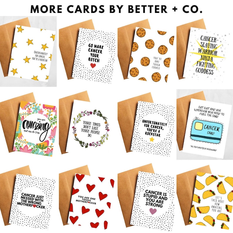 May include: A set of 10 greeting cards with various designs and messages. The cards are all white with black and white illustrations and text. The cards are arranged in a grid on a brown background. The cards are all about cancer and feature messages of support and encouragement.