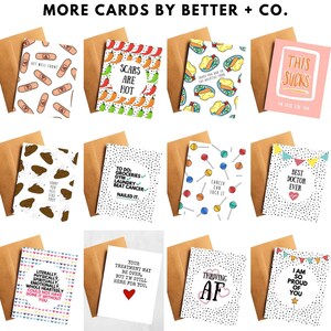 May include: Twelve greeting cards with various designs and messages. The cards have a white background with black polka dots. The messages include "Get Well Soon!" "Scars Are Hot" "This Sucks" "Sorry You Feel Like Poop" "To Do: Groceries, Gym, Laundry, Beat Cancer, Nailed It." "Cancer Can Suck It" "Best Doctor Ever" "Literally, Physically, Spiritually, Emotionally, Whole Heartedly Could Not Have Done It Without You" "Your Treatment May Be Over, But I'm Still Here For You." "Thriving AF" "I Am So Proud Of You."