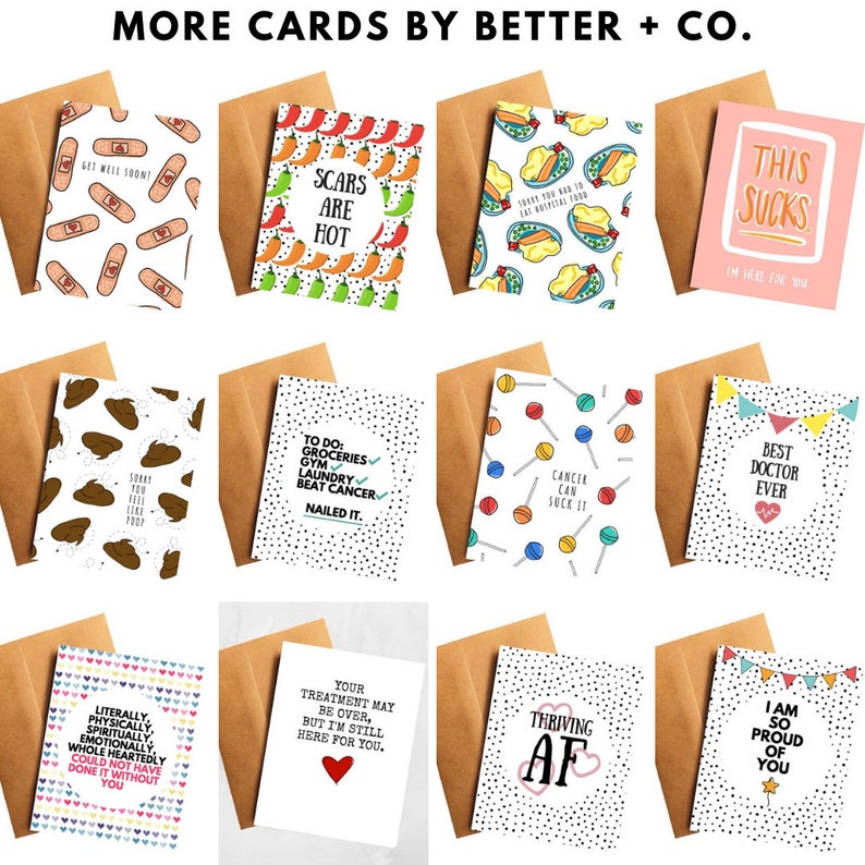May include: Twelve greeting cards with various designs and messages. The cards have a white background with black polka dots. The messages include "Get Well Soon!" "Scars Are Hot" "This Sucks" "Sorry You Feel Like Poop" "To Do: Groceries, Gym, Laundry, Beat Cancer, Nailed It." "Cancer Can Suck It" "Best Doctor Ever" "Literally, Physically, Spiritually, Emotionally, Whole Heartedly Could Not Have Done It Without You" "Your Treatment May Be Over, But I'm Still Here For You." "Thriving AF" "I Am So Proud Of You."