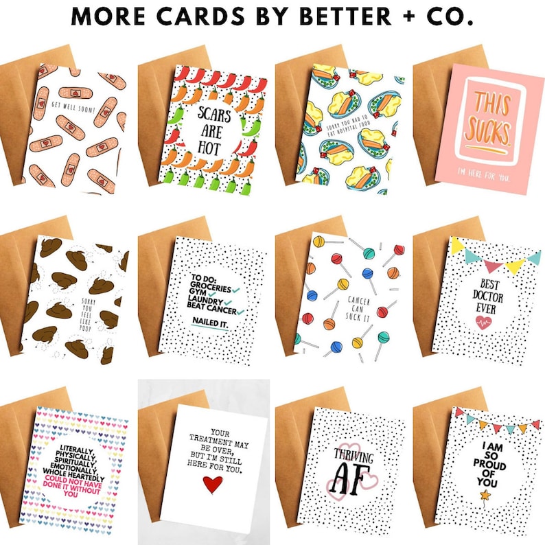 May include: Twelve greeting cards with various designs and messages. The cards have a white background with black polka dots. The messages include "Get Well Soon!" "Scars Are Hot" "This Sucks" "Sorry You Feel Like Poop" "To Do: Groceries, Gym, Laundry, Beat Cancer, Nailed It." "Cancer Can Suck It" "Best Doctor Ever" "Literally, Physically, Spiritually, Emotionally, Whole Heartedly Could Not Have Done It Without You" "Your Treatment May Be Over, But I'm Still Here For You." "Thriving AF" "I Am So Proud Of You."
