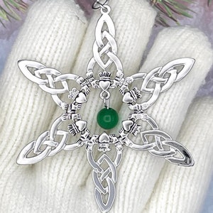 Claddagh Ornament w/Green Cat's Eye Bead SnowWonders® Snowflake Ornament,(5059) Irish ornament,Celtic Ornament, Irish Ornament, Wedding Gift