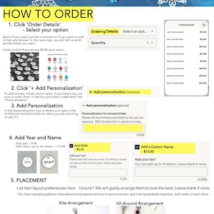 May include: An instructional graphic for a snowflake ornament or pendant titled Snow Wonders. It details ordering steps including selecting options, adding personalization, birthstones, initials, a year, and a custom name with layout examples.