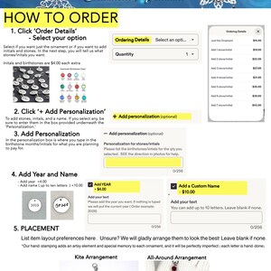 May include: An instructional graphic for a snowflake ornament or pendant titled Snow Wonders. It details ordering steps including selecting options, adding personalization, birthstones, initials, a year, and a custom name with layout examples.