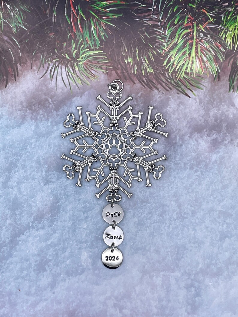 May include: A silver-toned snowflake ornament constructed from small bone shapes with a central paw print cutout. Three circular metal charms hang from the bottom, engraved with the names Rose and Zuma, and the year 2024 in a black sans-serif font.