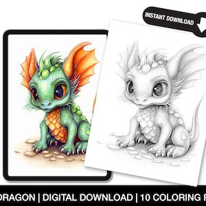 Baby Dragons Digital Coloring Pages - Adults & Teens Coloring Book - Printable Grayscale Fantasy Art - Instant Download