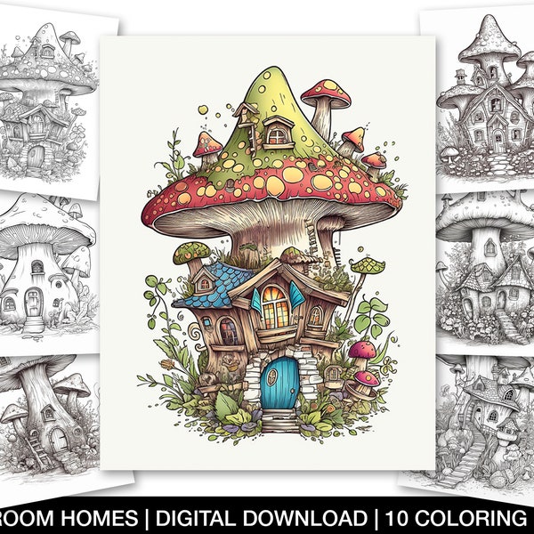 Magical Fairy Mushroom House Coloring Pages For Adults, Printable Enchanted Mushroom Homes Sheet, Grayscale Coloring Page, Instant Download