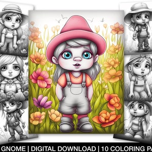 Gnome Coloring Pages for Adults: Floral Garden Grayscale (PDF & JPEG)