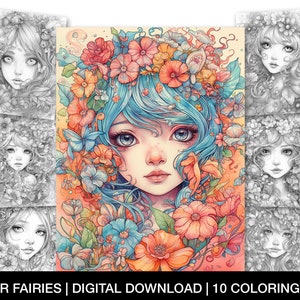 Blumenfee Malvorlagen für Erwachsene und Jugendliche - Druckbare Fantasy Kunst - Digitales Malbuch - zum sofortigen Download