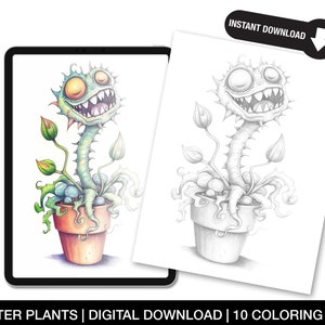 Monster Plants Coloring Page for Adults - Creepy Carnivorous Plant Printable Art - Spooky Botanical Horror Coloring Sheet - Instant Download