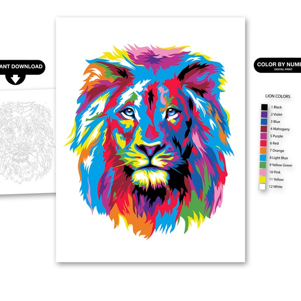 Color by Number Coloring Page, Colourful Abstract Lion, Adult Coloring Page, DIY Digital Coloring By Number Sheet, Printable PDF Download