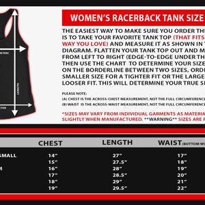 May include: Black racerback tank top size chart with measurements in inches. The chart includes chest, length, and waist measurements for sizes extra small to XXL. Instructions on how to measure a tank top are also included.