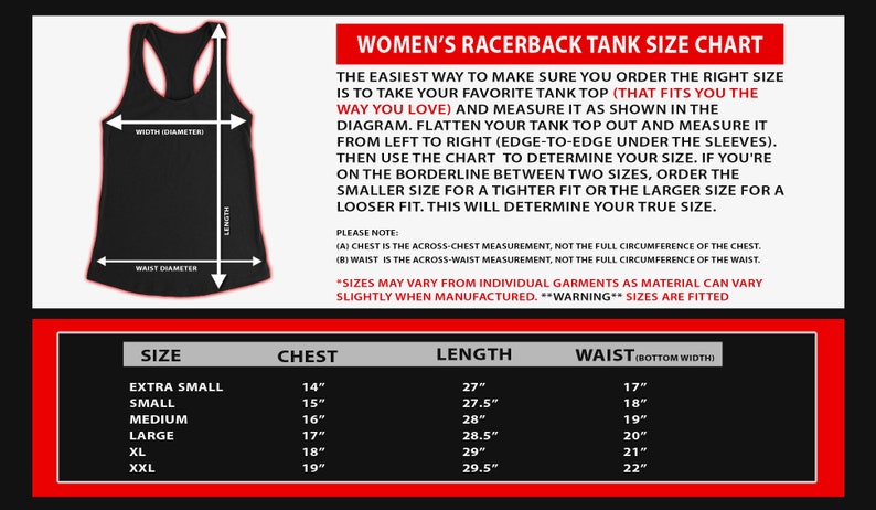 May include: Black racerback tank top size chart with measurements in inches. The chart includes chest, length, and waist measurements for sizes extra small to XXL. Instructions on how to measure a tank top are also included.