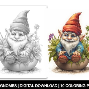 Cute Baby Gnomes Coloring Pages for Adults - 10 Printable Grayscale Coloring Sheets - Fantasy ...