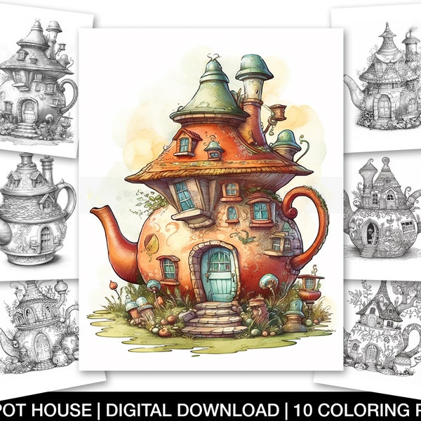 Enchanted Fairy Teapot House Coloring Pages For Adults, Printable Teapot House Sheet, Grayscale Coloring Page, Fariy Homes, Instant Download